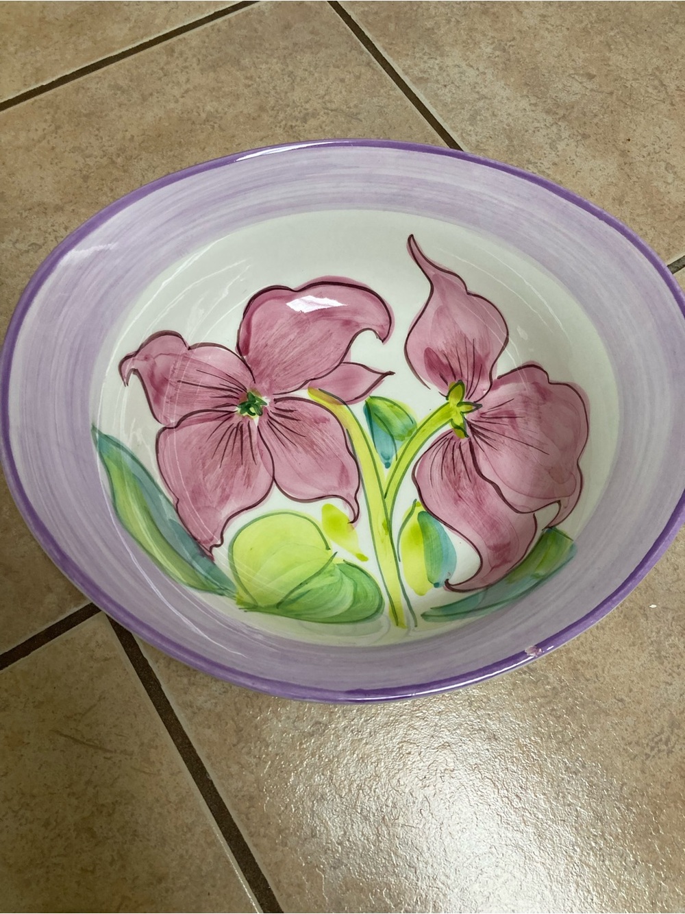 Hand-Painted Floral Ceramic Serving Bowl - Purple and Pink